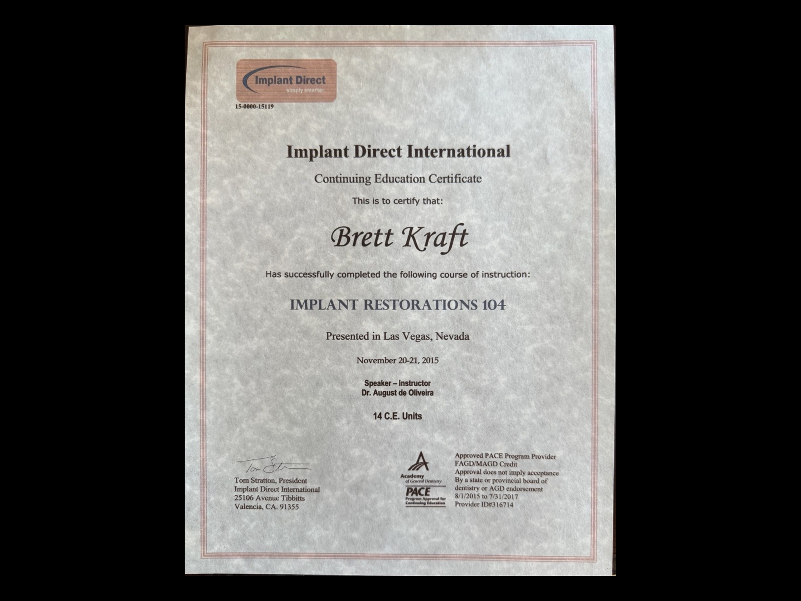 2015 Implant Direct Restorations 104 certificate