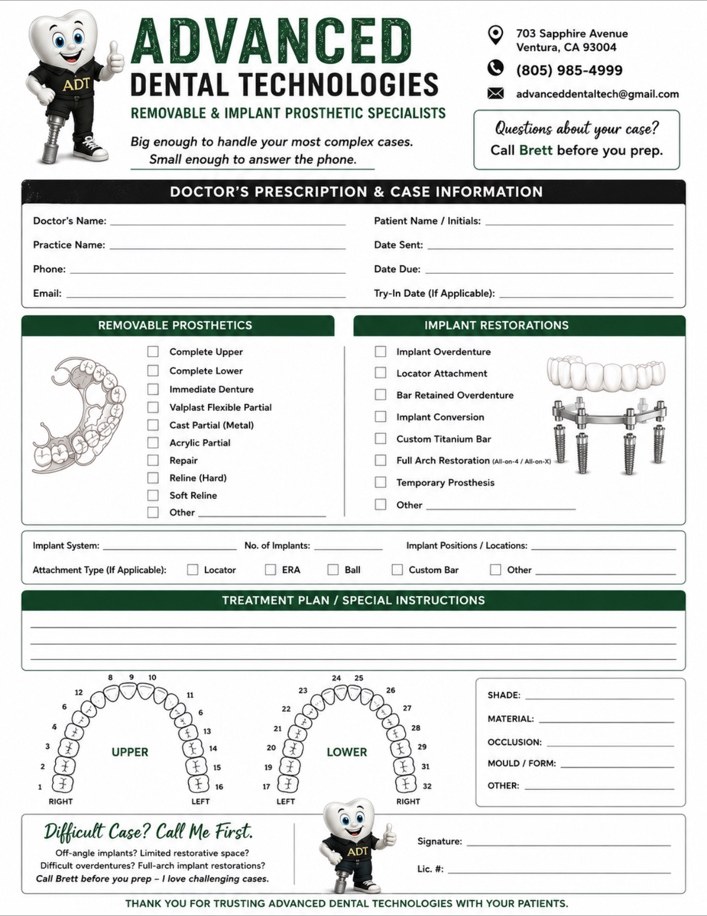 Advanced Dental Technologies laboratory prescription form